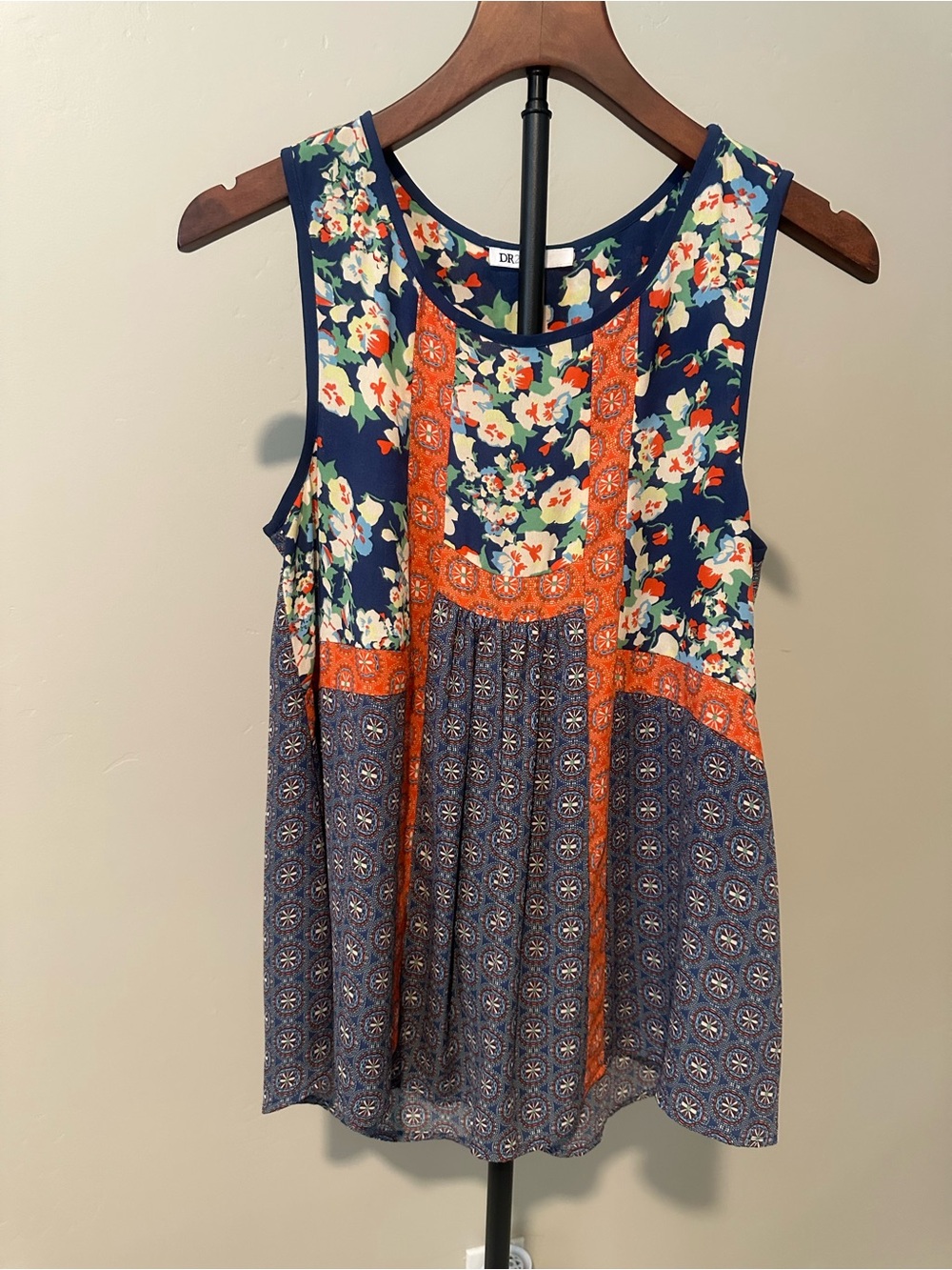 DR2 Navy Floral Patchwork Sleeveless Tank with Orange Accents